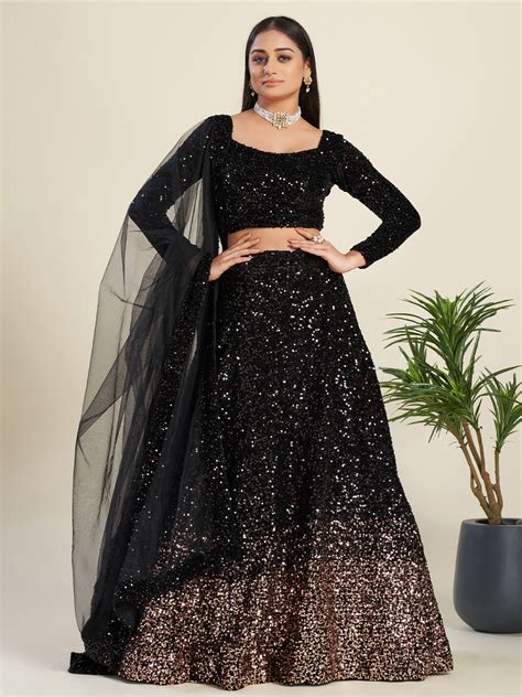 Odette Women Stylish Black Velvet Embellished Semi Stitched Lehenga Wi