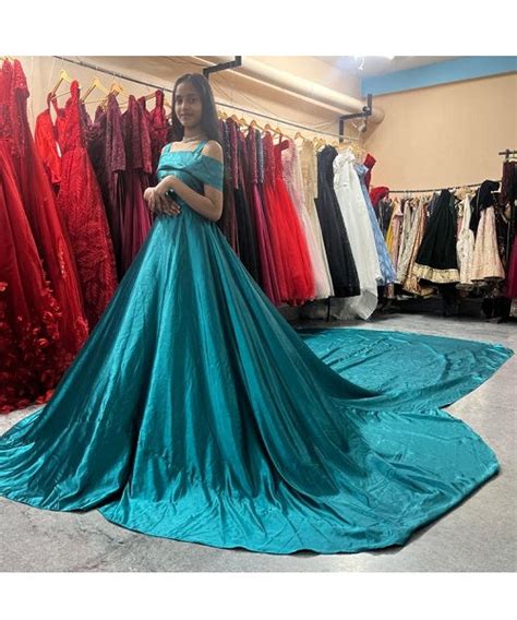 G478 , Sea Green Satin Maternity Shoot Long Trail Gown, Size (All)pp ...