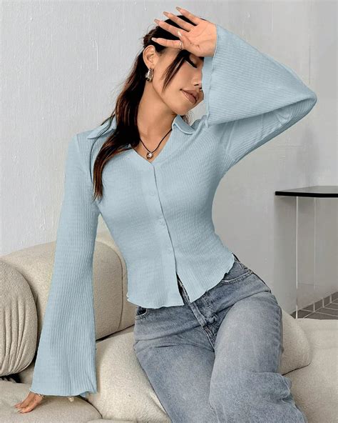 V Neck Button Front Knit Top in Blue - Littlebox India