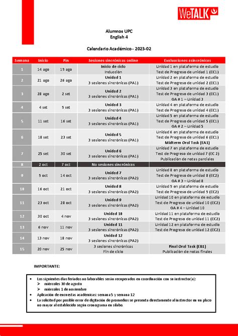 E4 Calendario Alumnos UPC 2023-02 - Alumnos UPC English 4 Calendario ...