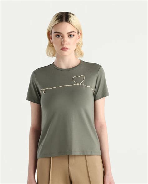 Rareism Women's Keyf Dusky Green Cotton Blend Fabric Crew Neck Regular