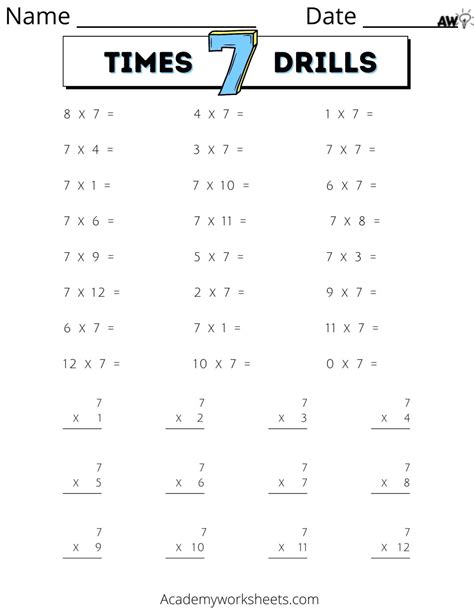 7 Times Table worksheets - Academy Worksheets