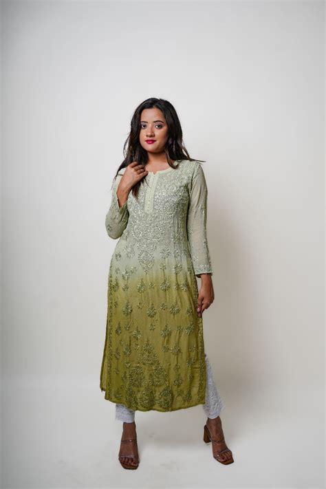 Chikankari hand embroidered | Long Kurta | Viscose | Olive – Nawabi Nari