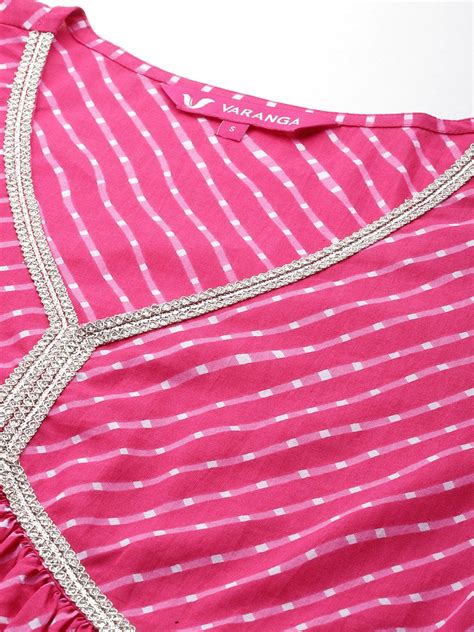 Varanga Women Fuchsia Leheriya Print V-Neck With Lace Detail A Line ...