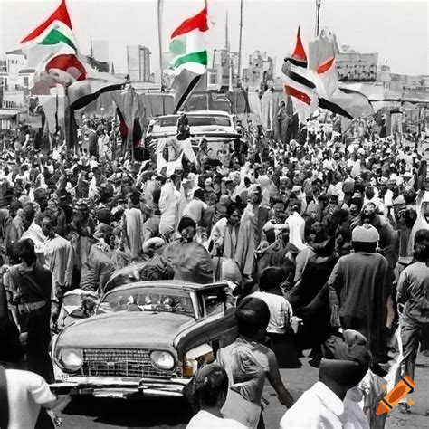 Celebration in Baghdad with crowds and flags, restoration of the Hashemite Kingdom of Iraq in ...