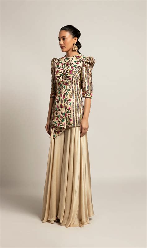 Beige draped Jacket and Flared Pant Set – Sejal Kamdar Designs
