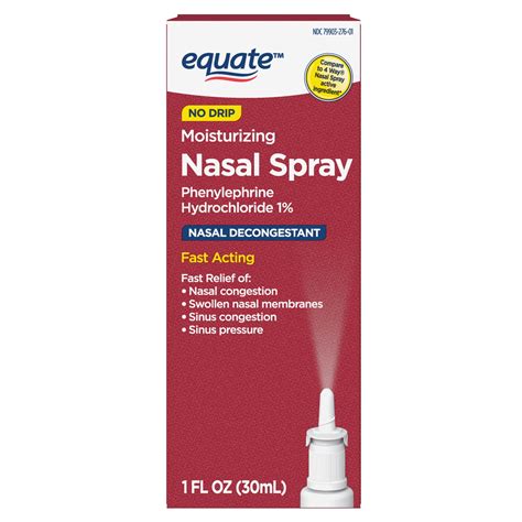 Equate No-Drip Moisturizing Nasal Decongestant Spray with 1% Phenylephrine HCl 1 fl oz for Nasal ...