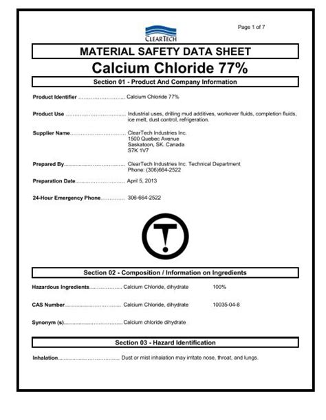 material safety data sheet calcium chloride, solid - Dynamic Aqua ...