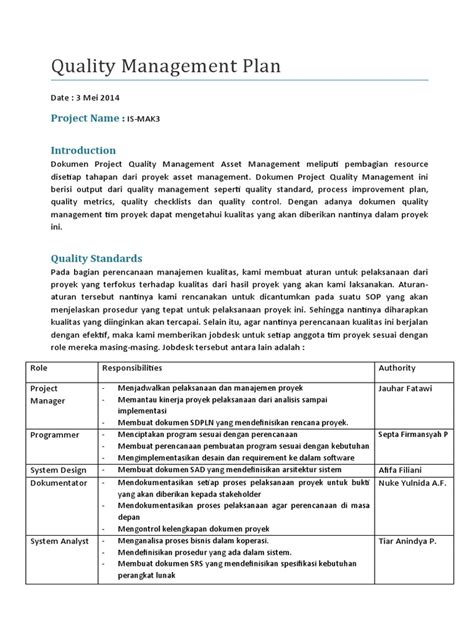 Quality Management Plan Example PDF 的图像结果