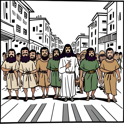 cartoon of jesus walking with his disciples in the street - Arthub.ai