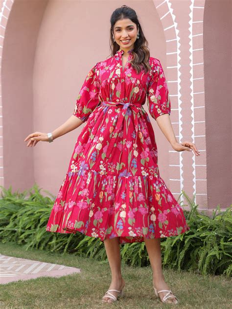 Red Floral Printed Tiered Dress with Mandarin Collar – Jaipur Morni