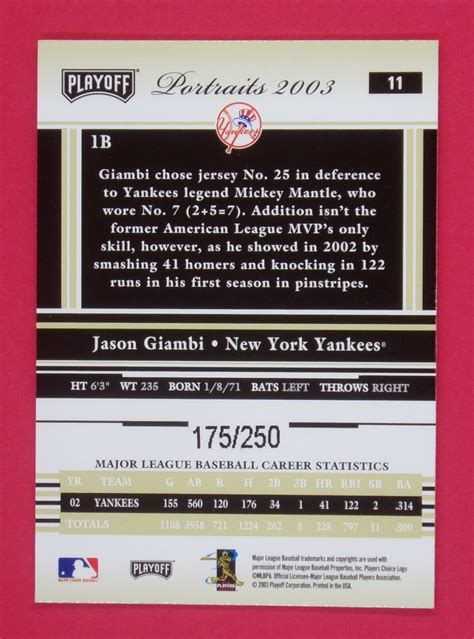 2003 Playoff Portraits Jason Giambi Yanks 175/250 Beige #11 New York ...