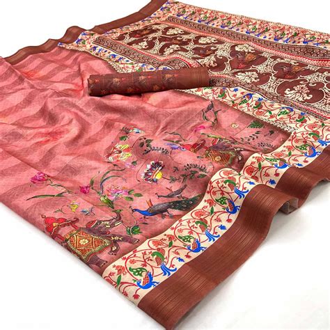 Peach Cotton Blend Saree Highlighted With Animal & Floral Digital Prin