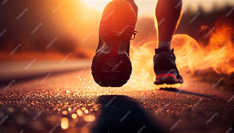 Primer plano en los pies de atleta del corredor del zapato corriendo en la carretera bajo la luz ...