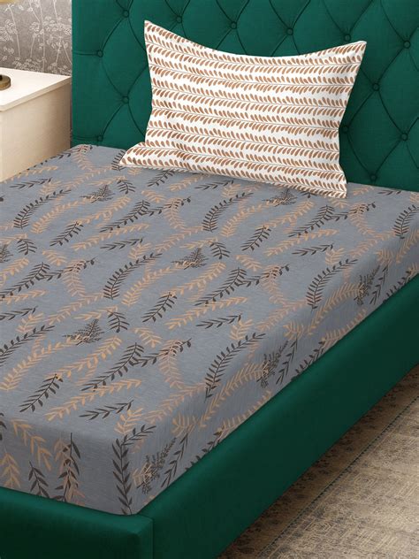 Grey Floral 300 TC Cotton Blend Fitted Single Bedsheet with Pillow Cov ...
