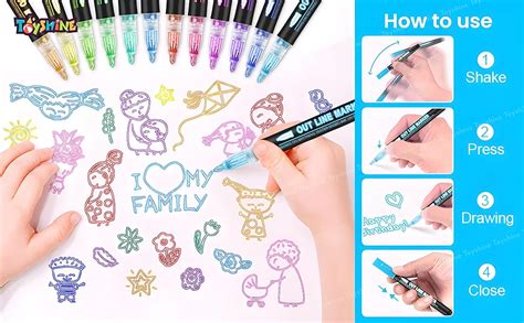 Toyshine 12Pc Double Line Outline Permanent Marker Glitter Pens Useful ...