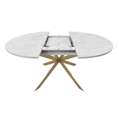 Round to Oval White Marble Effect Extendable Dining Table with Gold ...