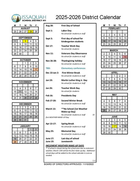 Issaquah School District Calendar 2025-2026 in PDF - School Calendar Info