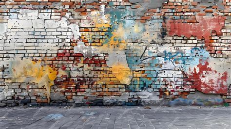 Weathered brick wall covered in urban graffiti street art vandalism ...