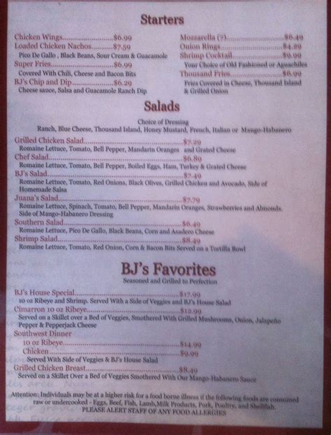 Menu at BJ's Pizza pizzeria, Chickasha