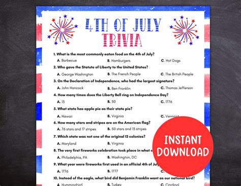 4th of July Trivia, 4th of July Game, Printable Independence Day Game ...