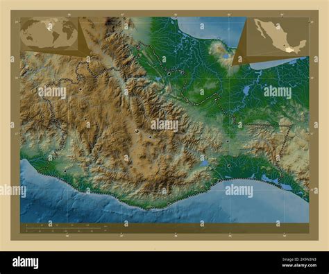 Oaxaca, state of Mexico. Colored elevation map with lakes and rivers ...