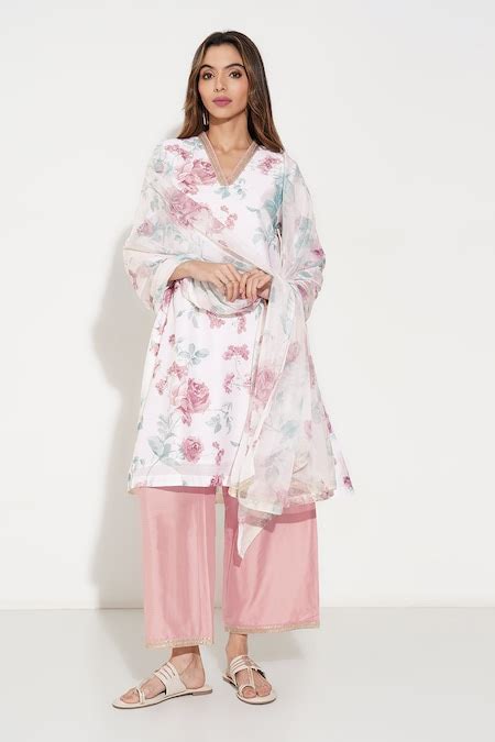 Off White Embroidery Detail Floral Print Kurta Wide Leg Pants & Sheer ...