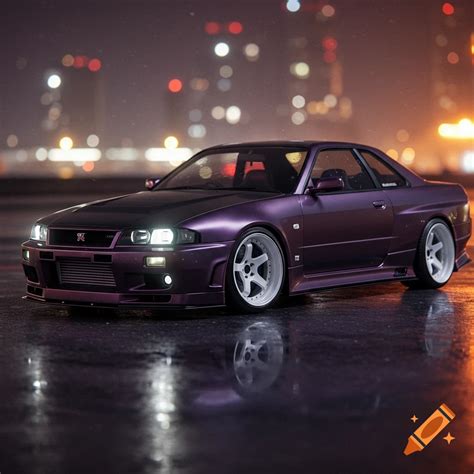 1999 Nissan Skyline R34 with dark purple matte paint, black hood, and ...