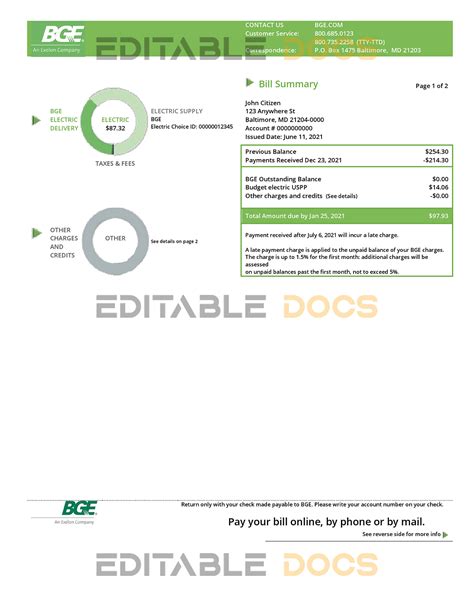 USA Maryland Baltimore Gas and Electric (BGE) utility bill template in ...