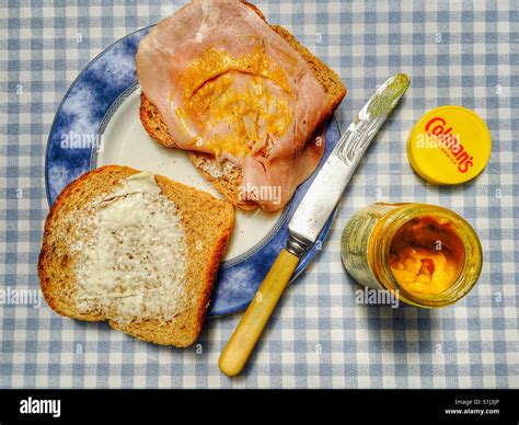 Ham sandwich with Colman's English mustard on wholemeal bread Stock ...
