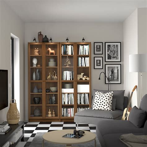BILLY / OXBERG bookcase combination w glass doors, brown walnut effect ...