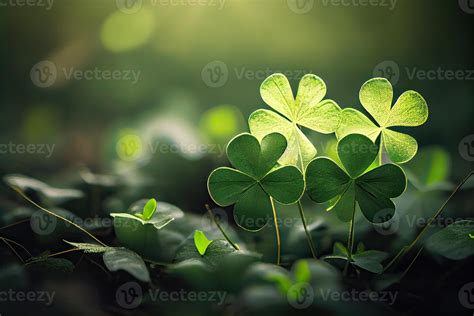 Four-leaf clovers in grass against blurred natural background. green ...
