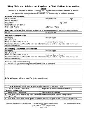 Riley Child and Adolescent Psychiatry Clinic Patient Ination ...