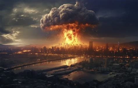 Download wallpaper Home, The city, River, Fire, Mushroom, The explosion ...