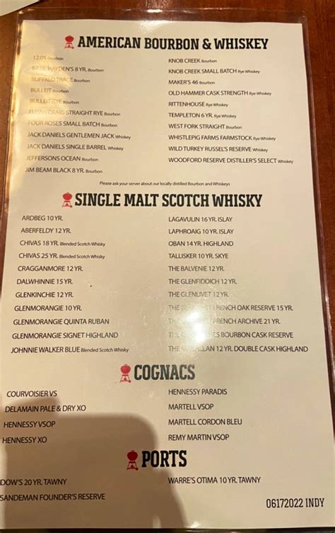 Menu at Weber Grill Restaurant, Indianapolis, 10 N Illinois St