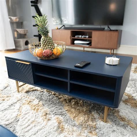 Modern Coffee Table With Storage - Dark Blue Matte Finish With Gold-Ti ...