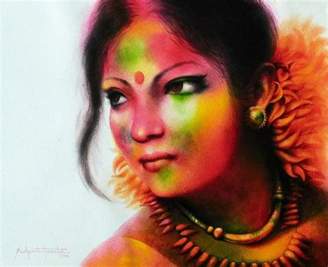 "Holi Festival 1": Yellow Green Watercolor Painting by Sudipta Karmakar ...