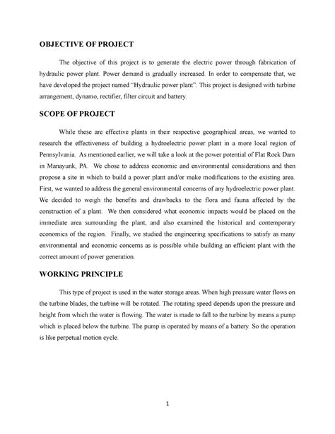 Main Body of Synopsis Hydraulic Power Plant - OBJECTIVE OF PROJECT The ...