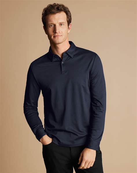 Men's Charles Tyrwhitt Smart Long Sleeve Jersey Polo Shirt - Navy Blue ...