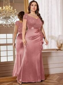 Plus V-Neck Contrast Lace Sequin Insert Ruffle Trim Split Thigh Hem ...