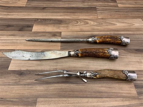 RESERVED Antique Knife set Sterling Handle and Stag Horn Carving Set ...