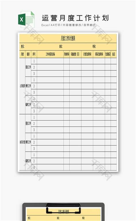 运营月度工作计划excel模板_千库网(excelID：115003)