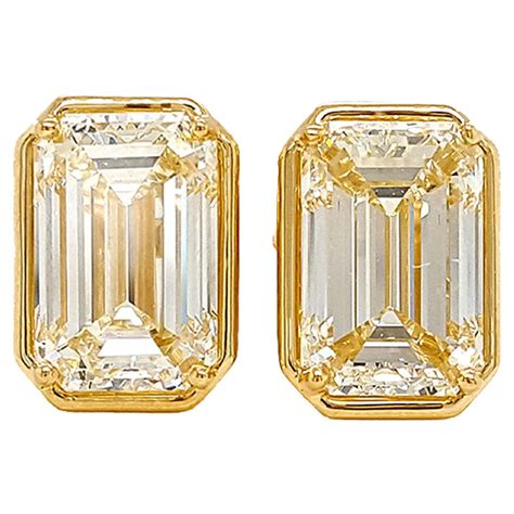 10 Carat Emerald Cut Diamond Stud Earrings Set in 18k Gold Bezel, GIA ...
