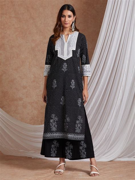 Black White Hand Block Printed Cotton Kurta