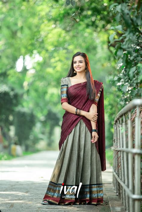 Padmaja - Greyish Brown and Dark Maroon Cotton Halfsaree – Ivalinmabia