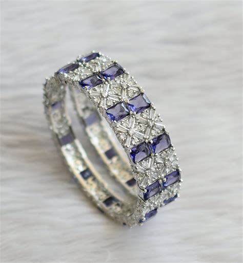 Silver tone cz purple-white block stone bangles(2.6) dj-46043 – dreamjwell