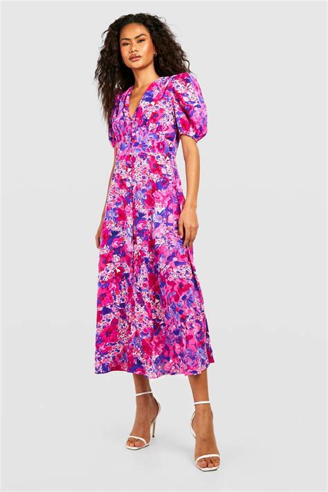 Floral Puff Sleeve Button Through Midi Dress | boohoo UK