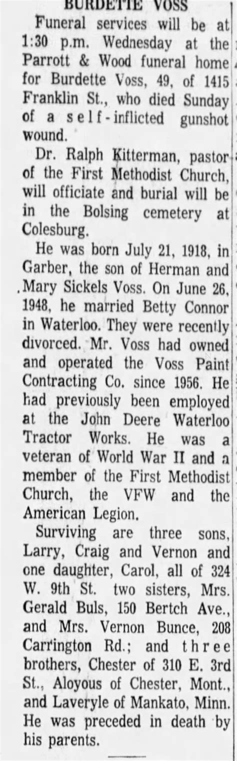 Voss, Burdette, Obituary, The Courier, Waterloo, Iowa, 7 November 1967 ...