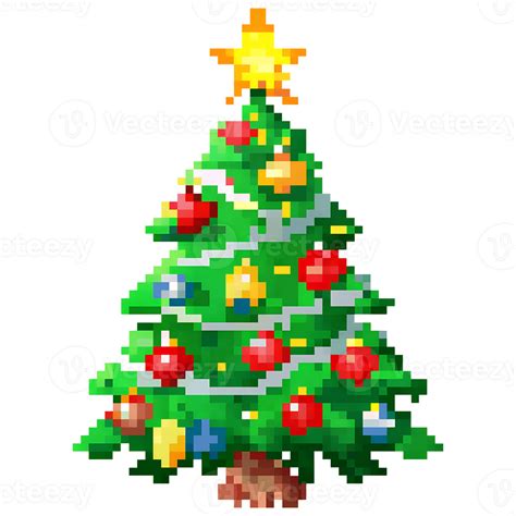 Pixel art depiction of a festive Christmas tree, adorned with colorful ...