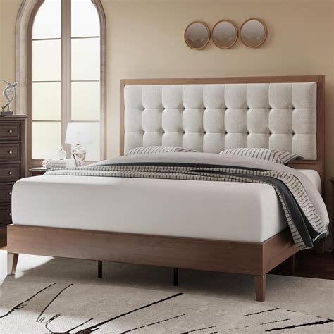 Jocisland Mid-Century Solid Wood Bed Frame, Full Size, Tufted Headboard ...